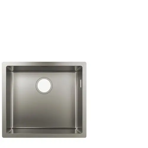 Unterbauspüle aus Edelstahl von Hansgrohe mit quadratischer Form und rundem Abflussloch. Schlichte, funktionale Gestaltung für moderne Küchen.